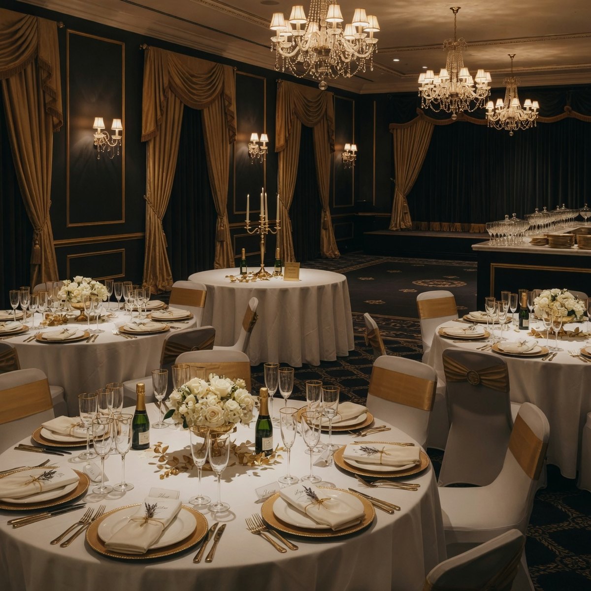 Empty banquet room set for a private celebration