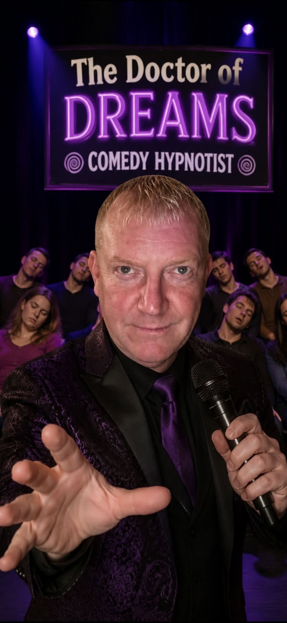Chris Lee, The Doctor of Dreams comedy hypnotist, on stage with microphone and hypnotised volunteers